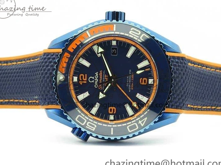 0818 FreshLook Planet Ocean 45mm GMT Blue DLC Black OMF Best Edition Blue Dial On Blue Gummy Strap A 8123
